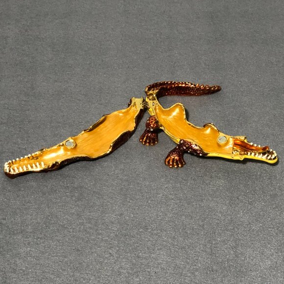 Enameled Alligator Crocodile Trinket Box Rhinestone Hinged Bejeweled - Picture 6 of 13